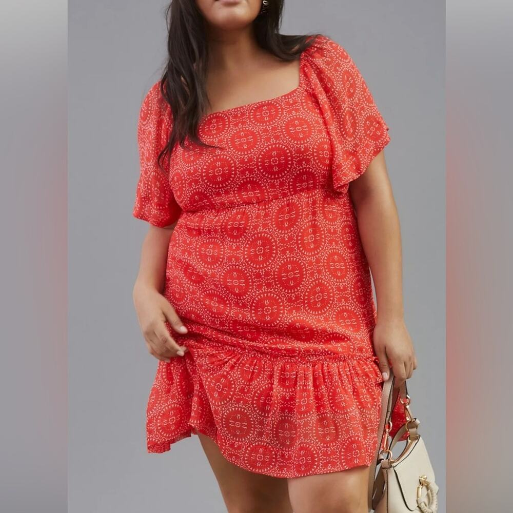 Maeve Anthropologie Smocked Tunic Mini Dress - RED